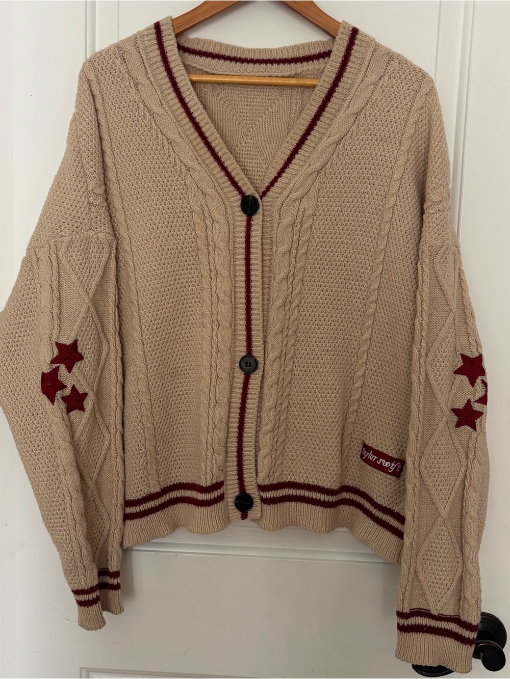 Beige oversized cardigan sweater with red patches one size